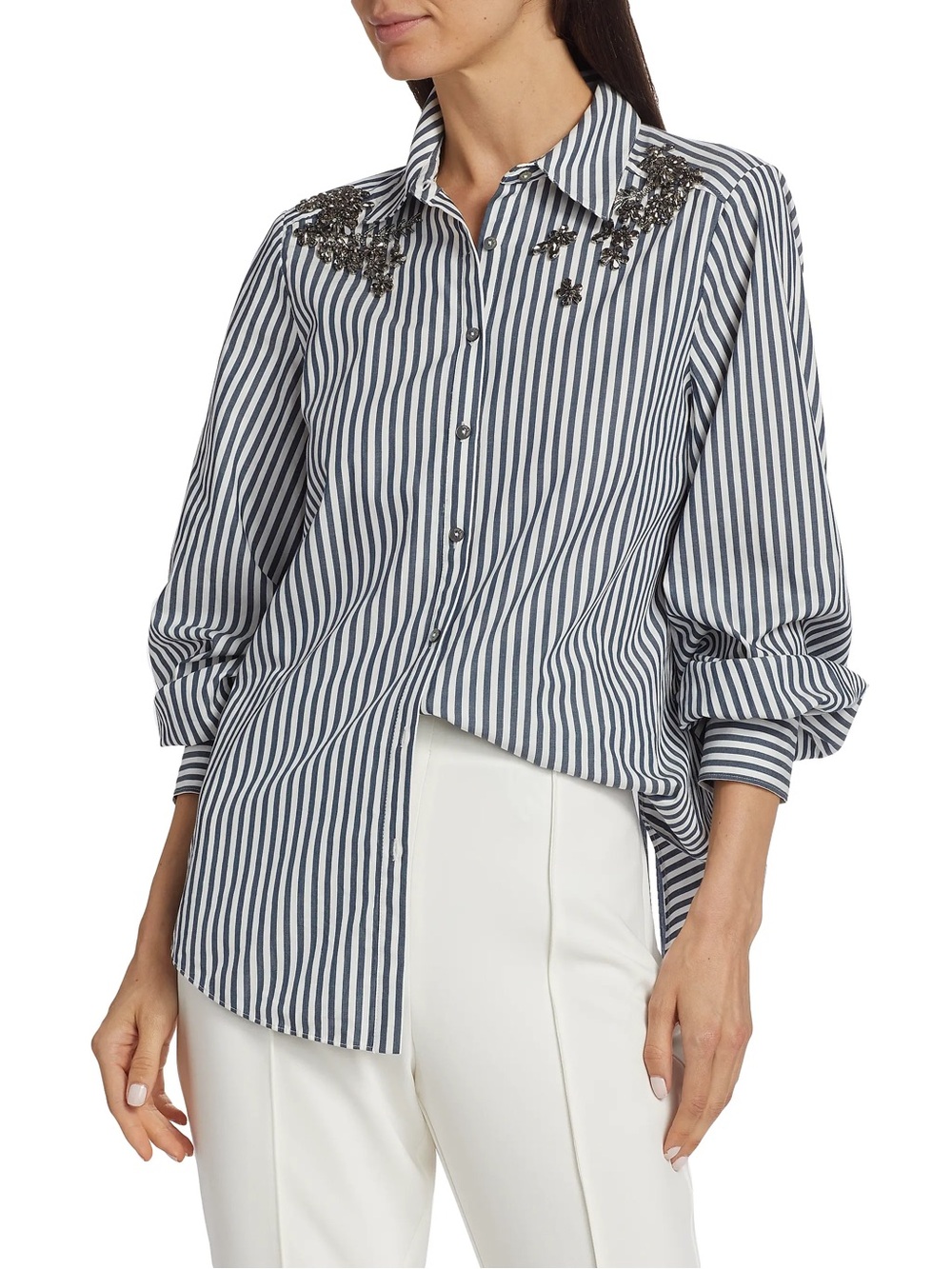 New Cinq à Sept Kandice Crystal-Embellished Cotton Stripe Shirt Size S